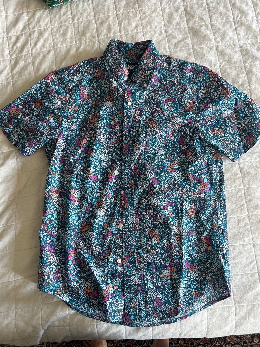 Men's Short-Sleeve Floral Button-Up Shirt - Teal Multi